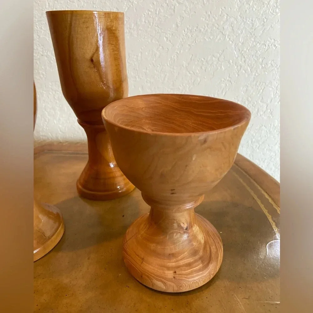 Set of 3 Turned Wood Bob Humbert Goblet Cups Elm Cherry Dogwood - Picture 2 of 12